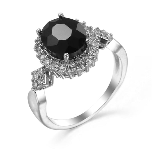 Black Crystal and Cubic Zirconia Oval-Cut Ring, statement rings for women, botanical inspired, front view