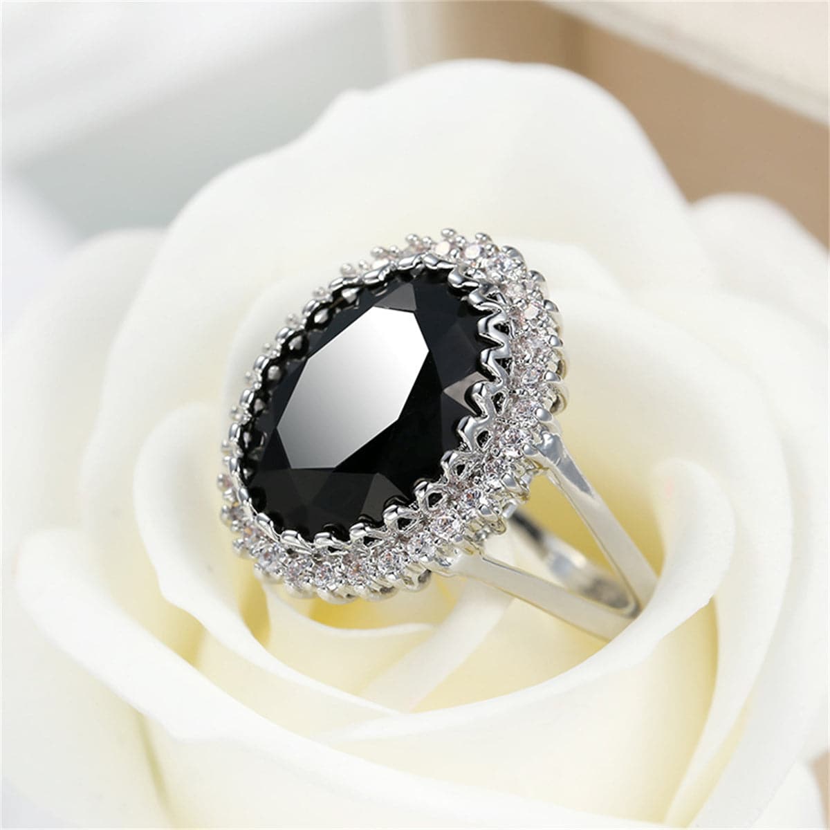 Black Crystal and Cubic Zirconia Oval Ring, statement rings for women, dainty minimalist design, front view
