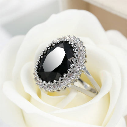 Black Crystal and Cubic Zirconia Oval Ring, statement rings for women, dainty minimalist design, front view