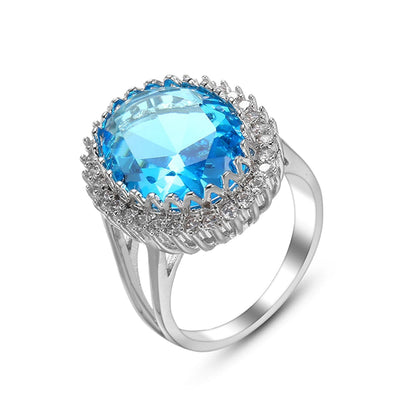 Sea Blue Crystal and Cubic Zirconia Oval-Cut Ring, statement rings for women, botanical inspired, detail close-up