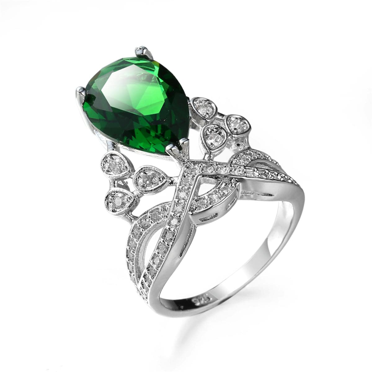 Green Crystal and Cubic Zirconia Botanical Pear-Cut Ring, statement rings for women, dainty minimalist design, front view