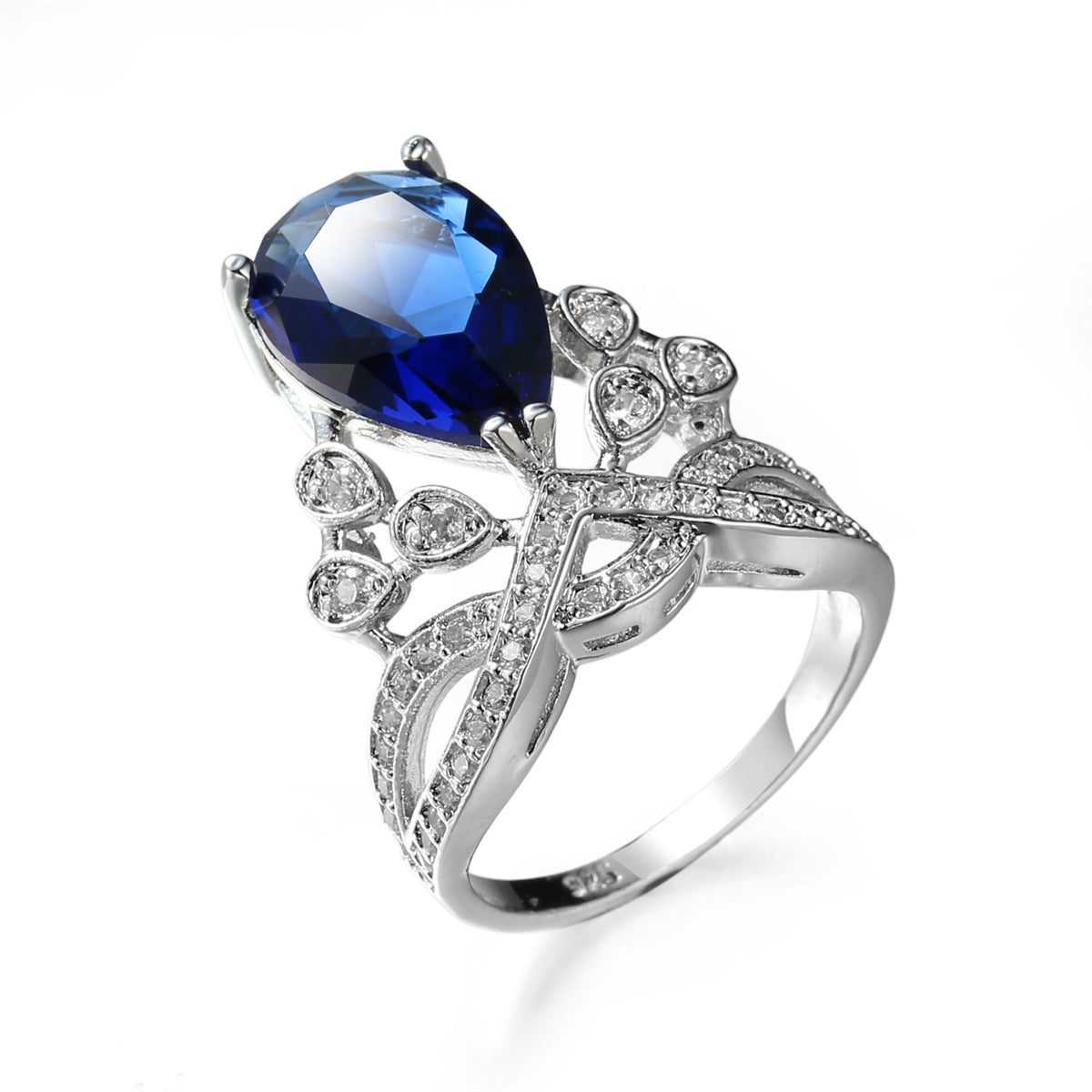 Navy Crystal and Cubic Zirconia Botanical Pear-Cut Ring, statement rings for women, vintage-inspired design, front view