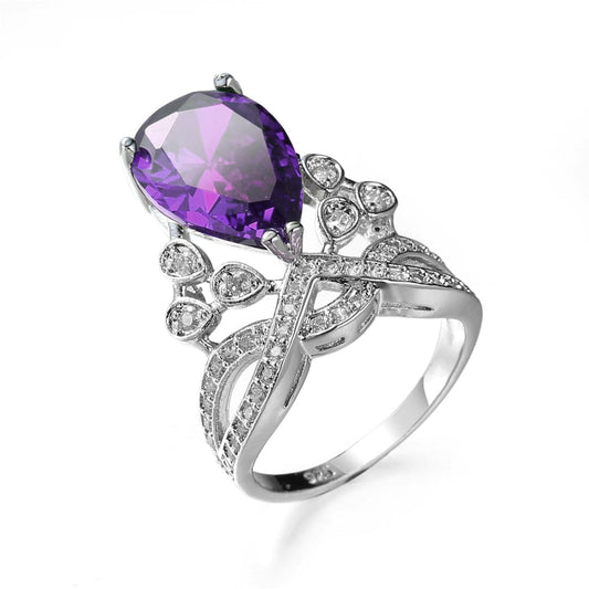 Purple Cubic Zirconia and Crystal Pear-Cut Statement Ring, statement rings for women, botanical inspired, front view