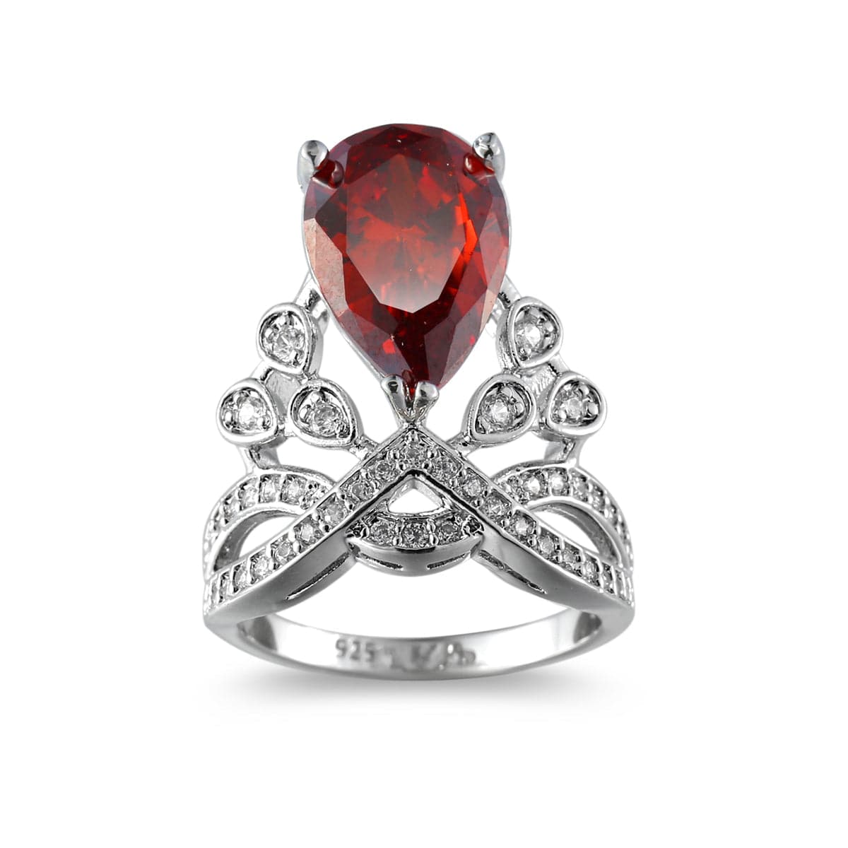 Red Crystal and Cubic Zirconia Botanical Pear-Cut Ring, statement rings for women, elegant gift for her, front view
