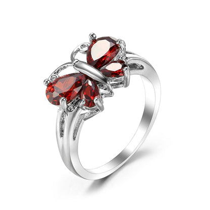 Red Crystal and Silver-Plated Butterfly Ring, silver statement rings for women, elegant gift for her, detail close-up