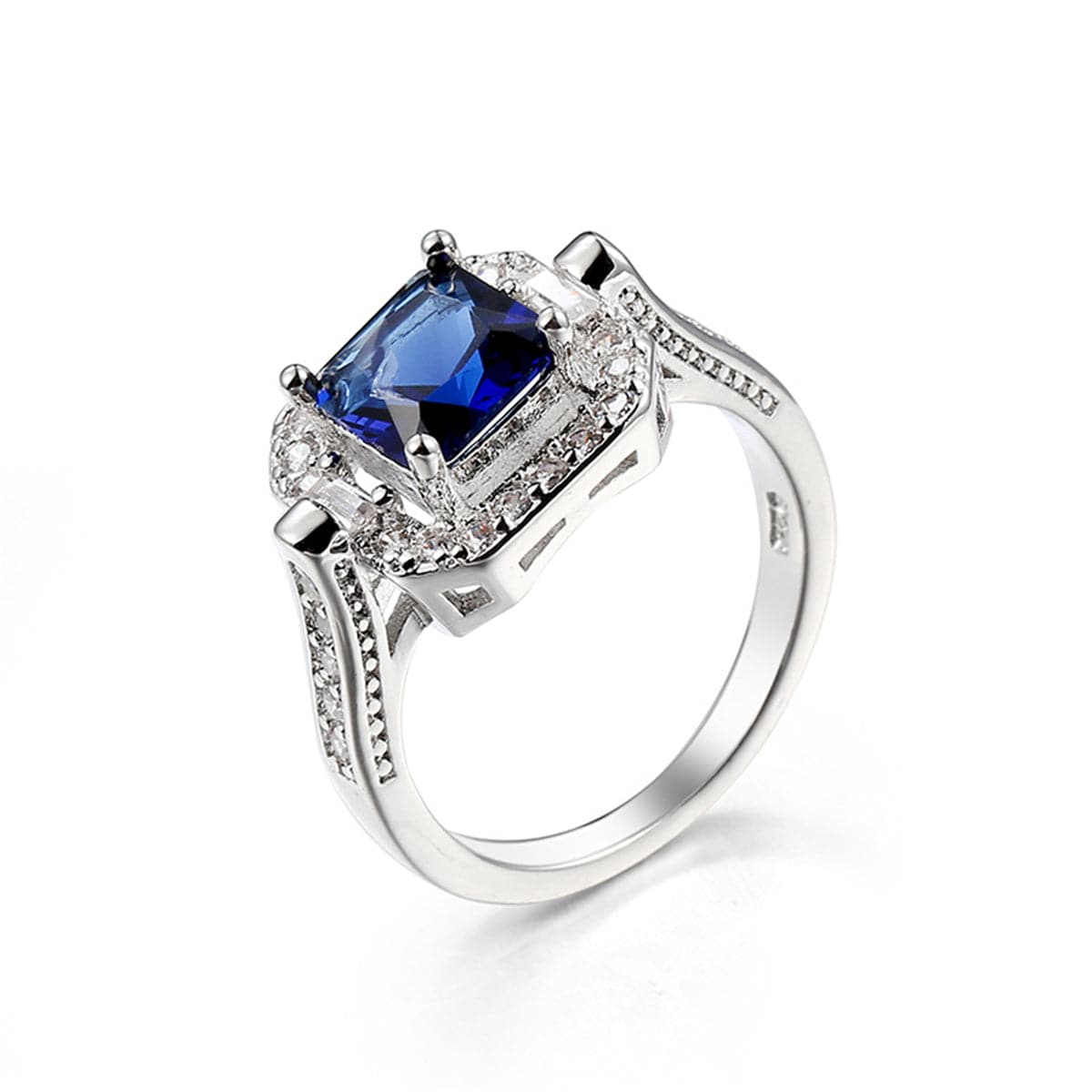 Navy Princess Crystal and Cubic Zirconia Square Halo Ring, statement rings for women, elegant gift for her, side view