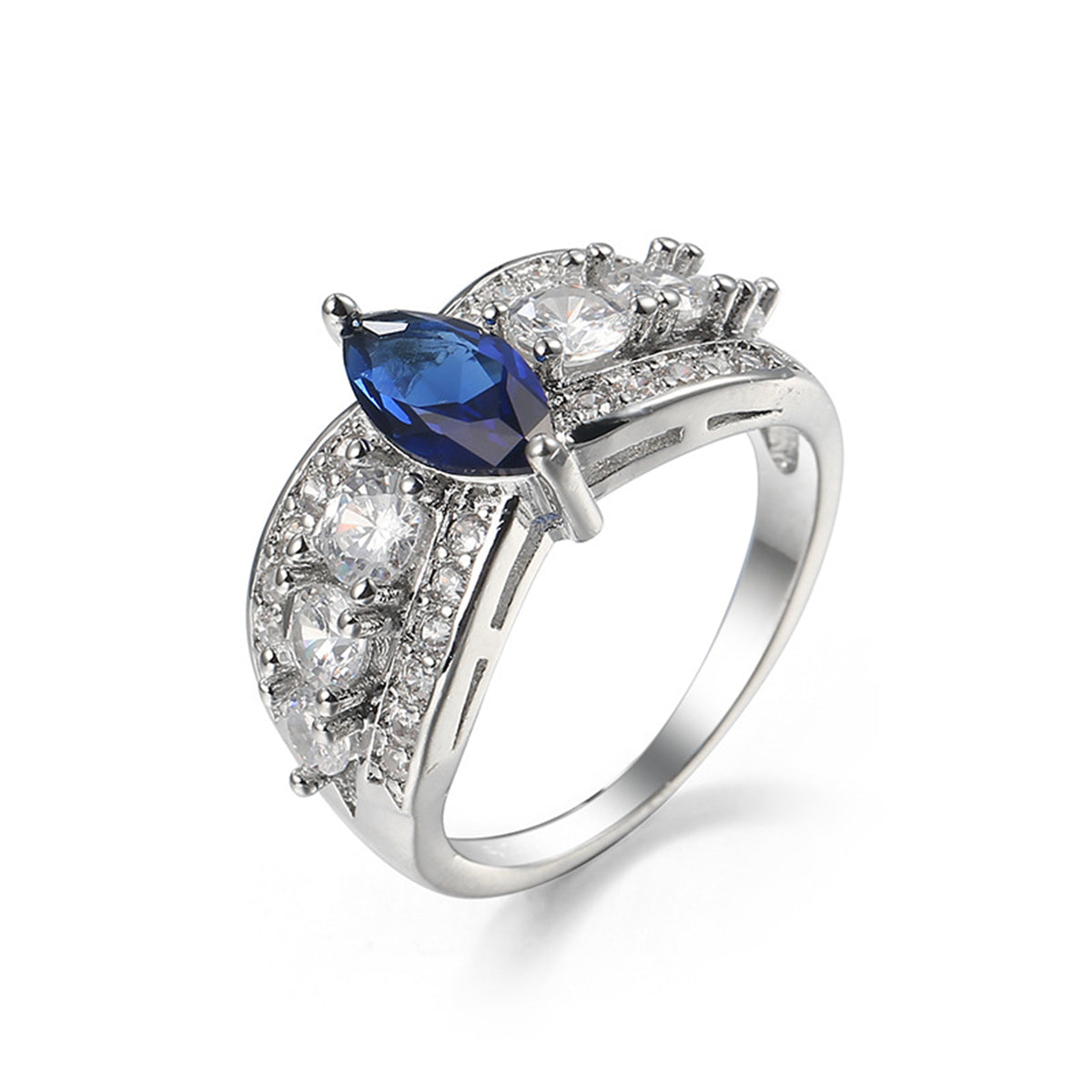 Navy Crystal and Cubic Zirconia Marquis Ring, statement rings for women, vintage-inspired design, side view
