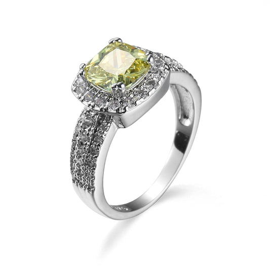 Yellow Crystal and Cubic Zirconia Princess-Cut Halo Ring, jewelry gift sets for women, botanical inspired, front view