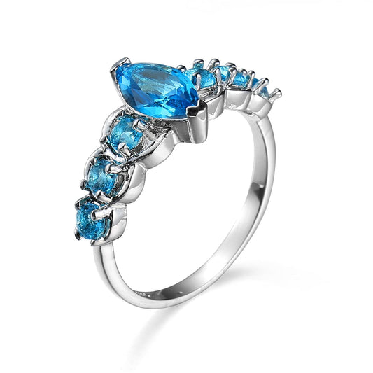 Sea Blue Crystal and Silver-Plated Marquise Ring, silver statement rings for women, elegant gift for her, front view