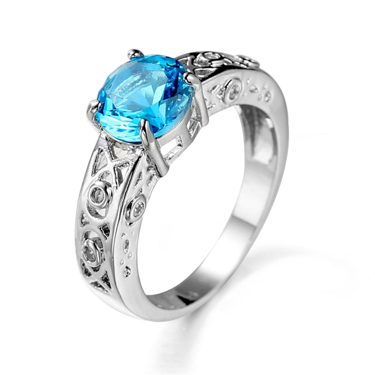 Sea Blue Crystal and Silver-Plated Filigree Cocktail Ring, silver statement rings for women, botanical inspired, front view