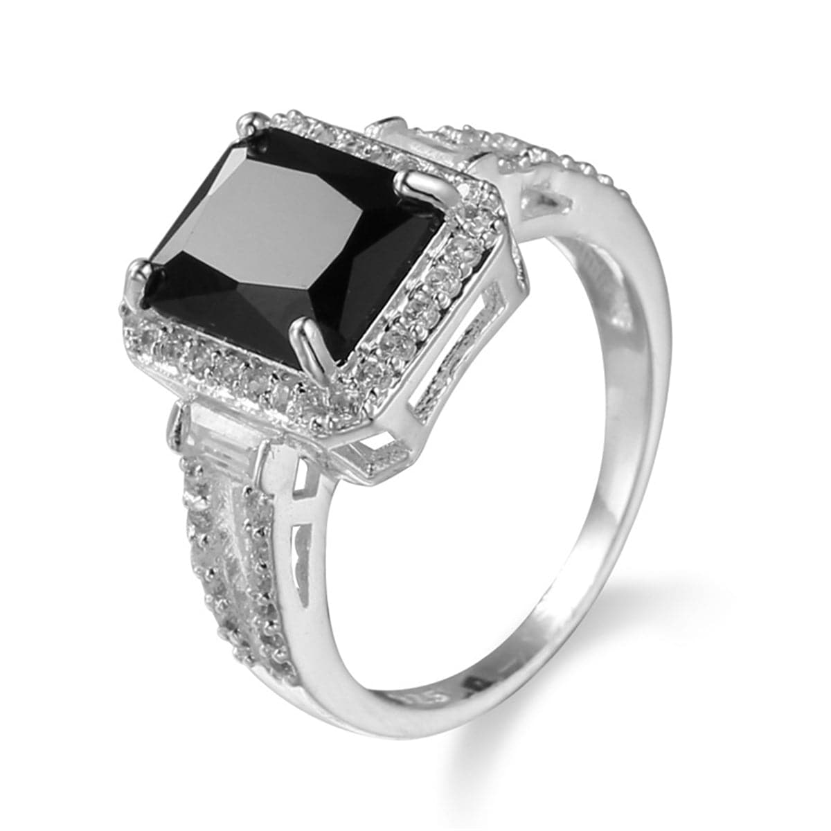 Black Crystal and Cubic Zirconia Halo Baguette Ring, statement rings for women, everyday style, side view