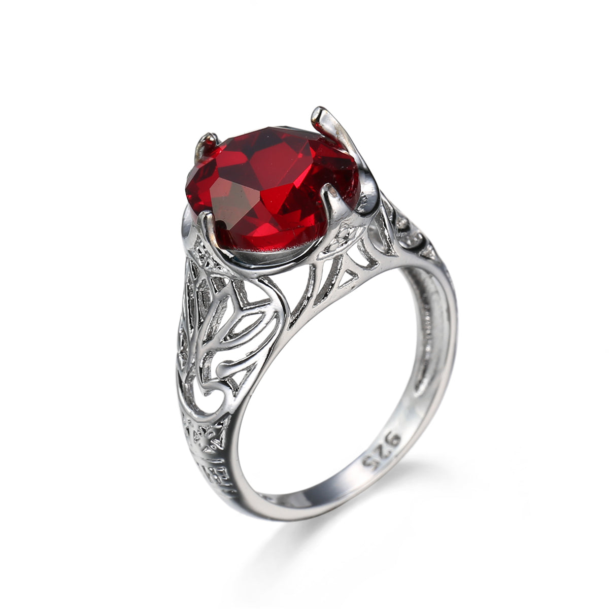 Red Crystal & Silver-Plated Filigree Ring