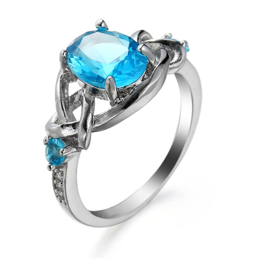 Sea Blue Crystal and Silver-Plated Botany Ring, silver statement rings for women, botanical inspired, front view