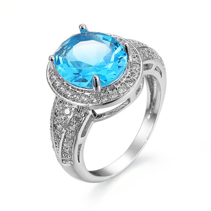 Sea Blue Crystal and Cubic Zirconia Silver-Plated Oval-Cut Ring, silver statement rings for women, front view