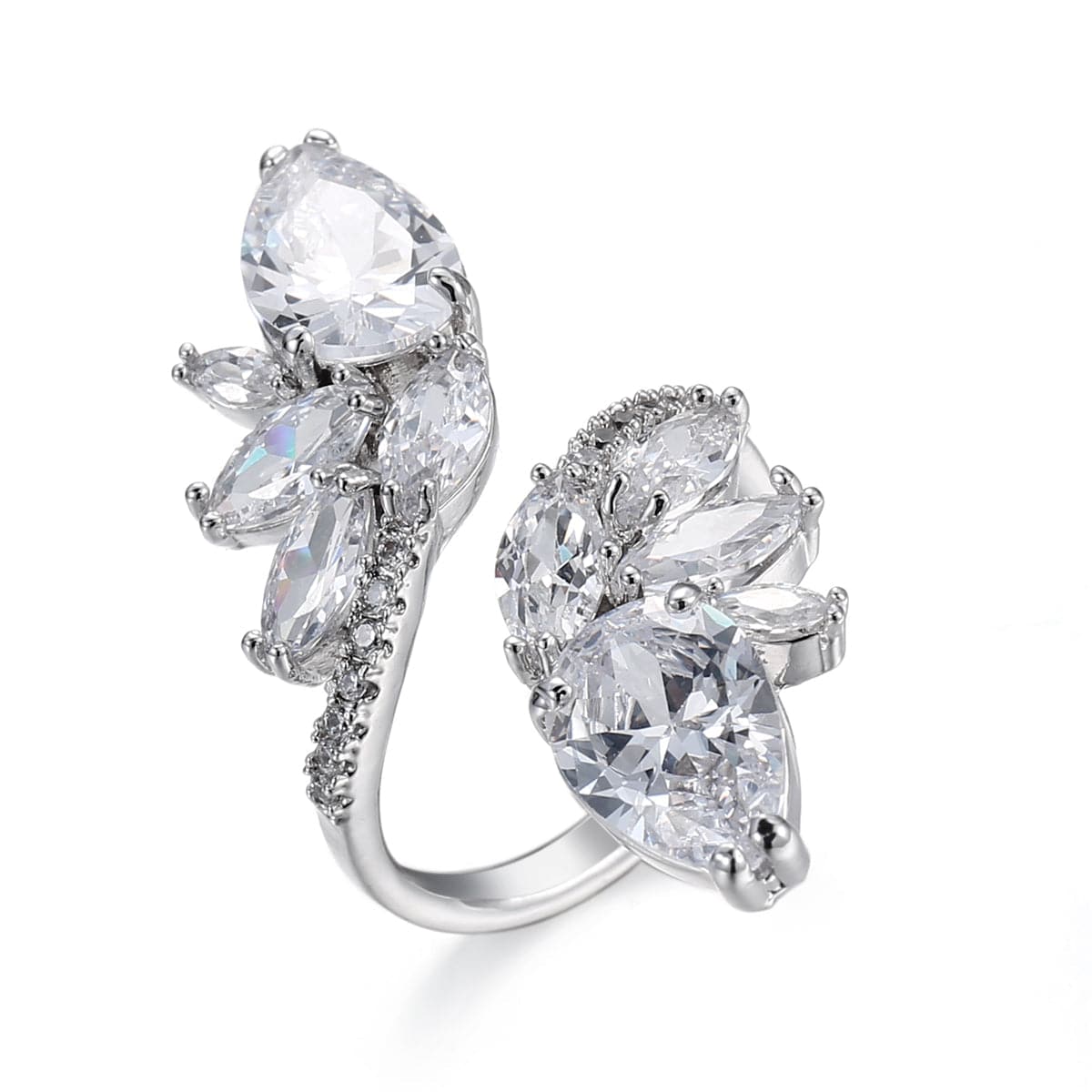 Crystal and Cubic Zirconia Silver-Plated Botany Marquise-Cut Open Ring, silver statement rings for women, front view