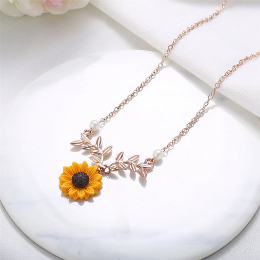 Pearl and Resin 18K Rose Gold-Plated Sunflower Pendant Necklace, rose gold pendant necklace for women, front view