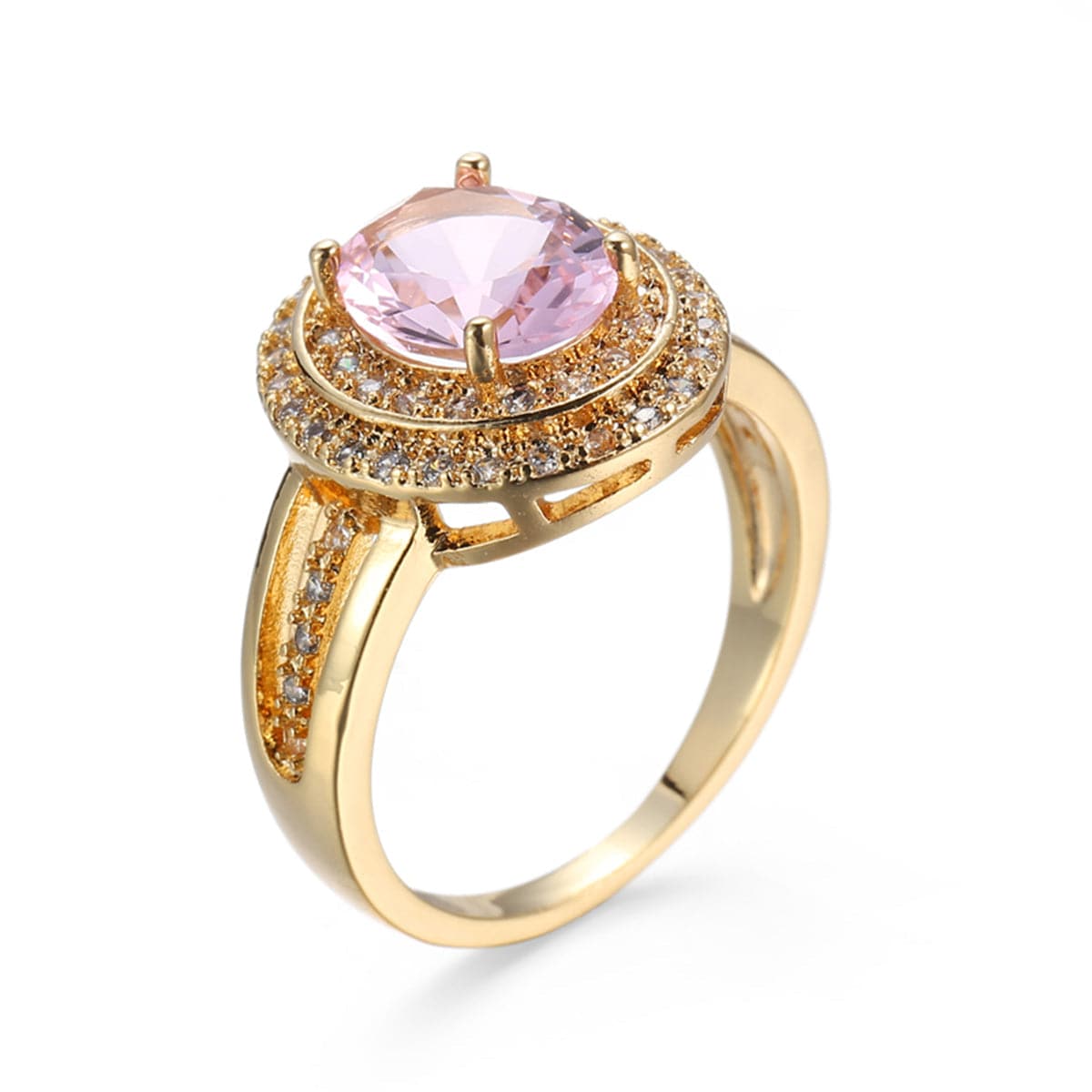 Pink Crystal and Cubic Zirconia Halo Ring, jewelry gift sets for women, dainty minimalist design, front view