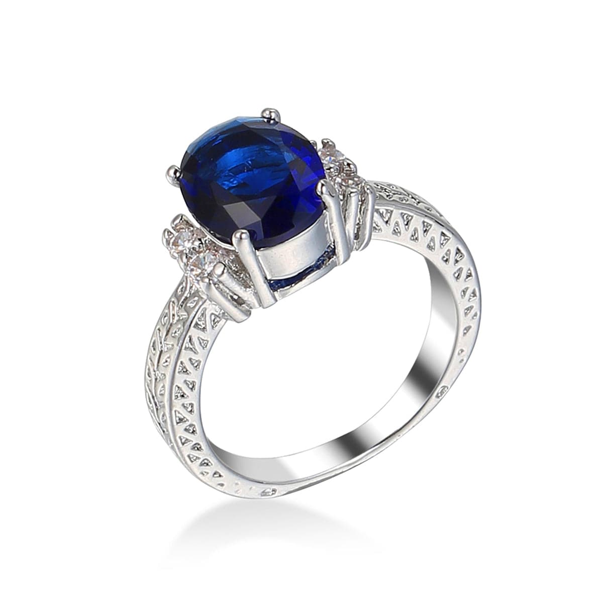 Navy Crystal and Cubic Zirconia Oval-Cut Flush-Band Ring, statement rings for women, botanical inspired, front view