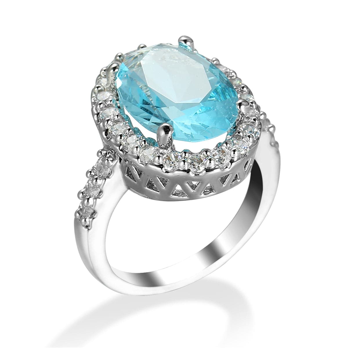 Sea Blue Crystal and Cubic Zirconia Oval-Cut Halo Ring, statement rings for women, elegant gift for her, side view