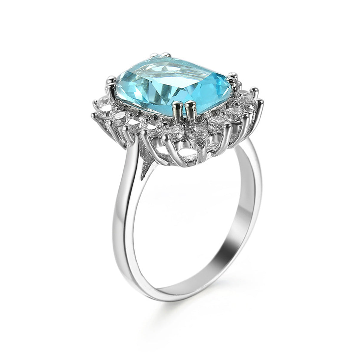 Blue Crystal Princess-Cut Floral Halo Ring, statement rings for women, elegant gift for her, detail close-up