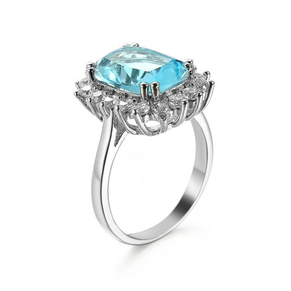 Blue Crystal Princess-Cut Floral Halo Ring, statement rings for women, elegant gift for her, detail close-up