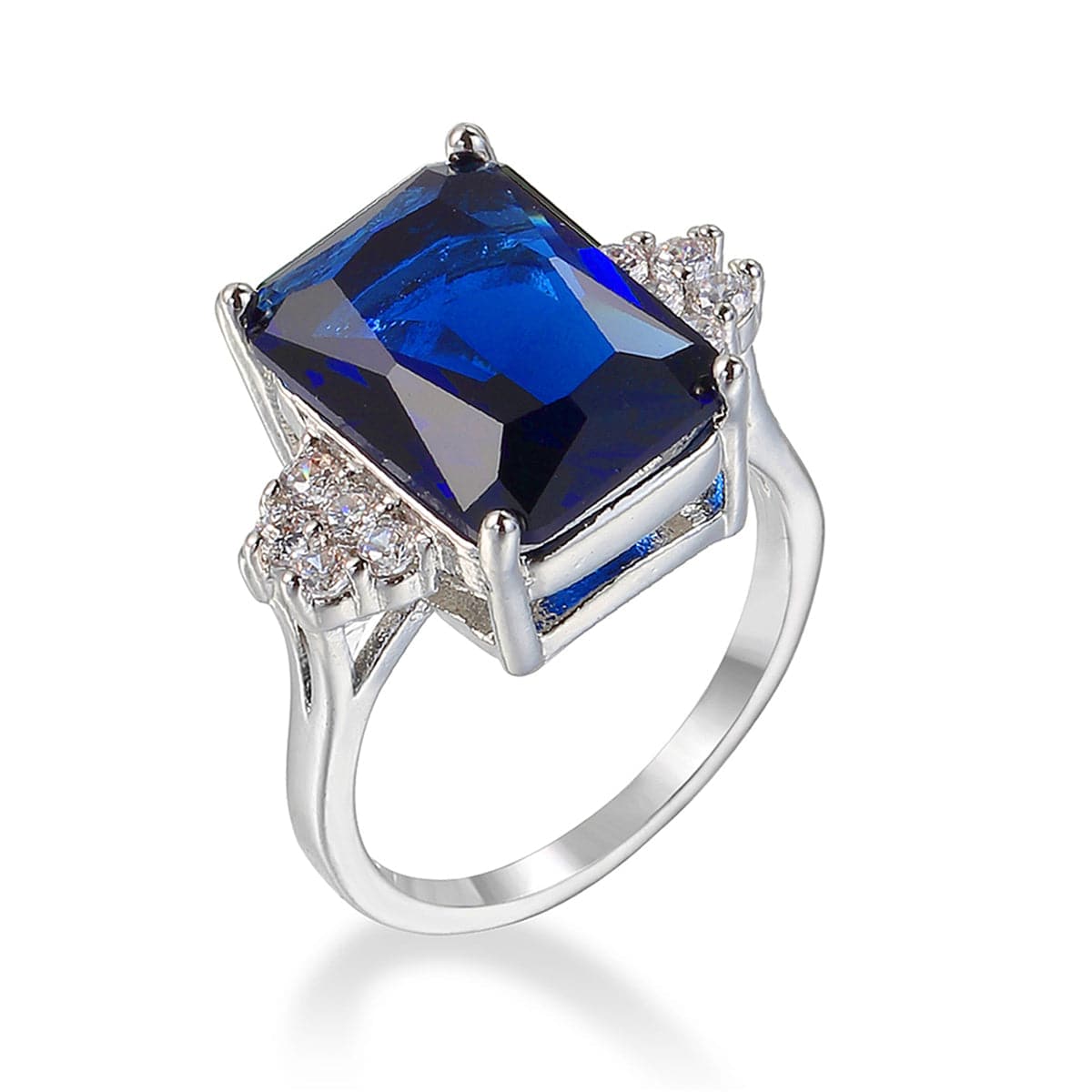 Navy Cubic Zirconia and Silver-Plated Emerald-Cut Ring, silver statement rings for women, botanical inspired, front view