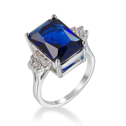 Navy Cubic Zirconia and Silver-Plated Emerald-Cut Ring, silver statement rings for women, botanical inspired, front view