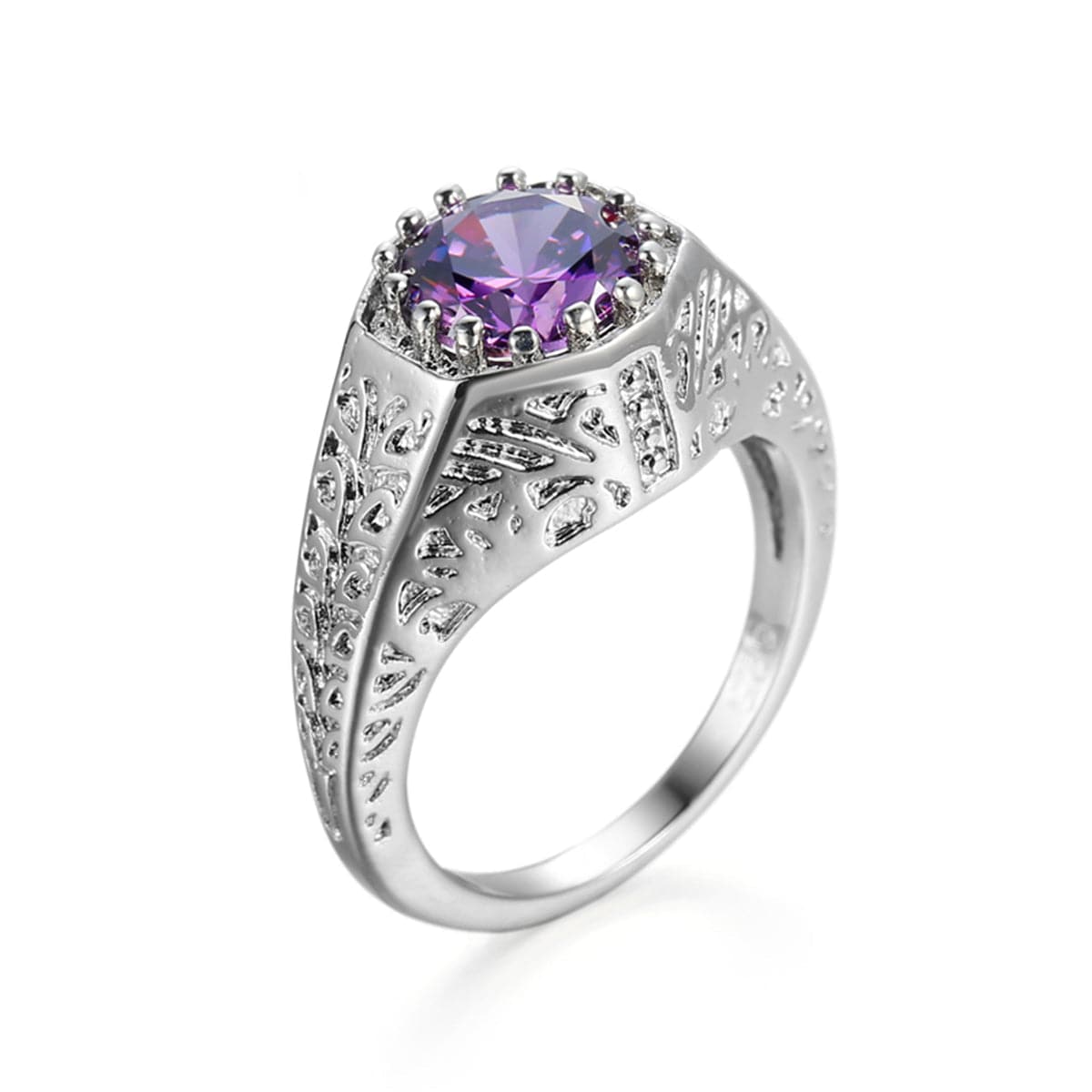 Purple Crystal and Silver-Plated Flush-Band Ring, silver statement rings for women, elegant gift for her, front view
