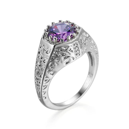 Purple Crystal and Silver-Plated Flush-Band Ring, silver statement rings for women, elegant gift for her, front view