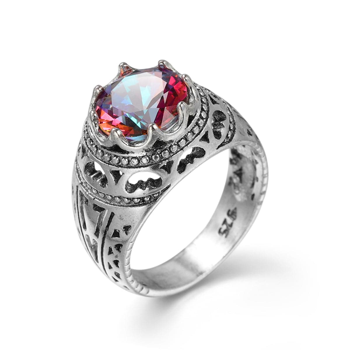 Red Multicolor Crystal and Silver-Plated Openwork-Band Ring, silver statement rings for women, front view