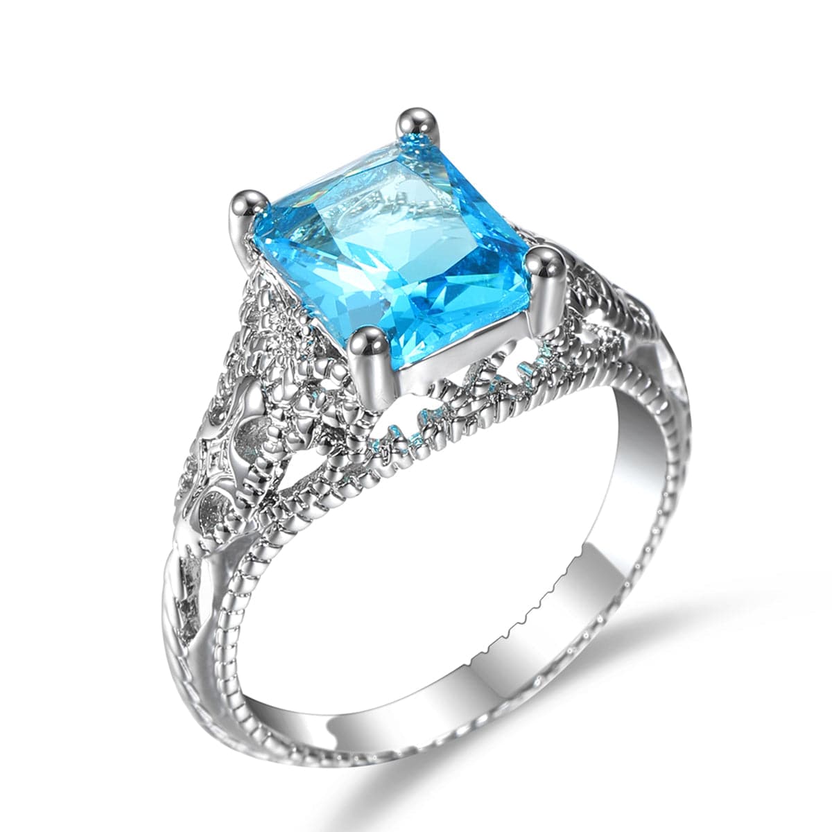 Sea Blue Crystal and Silver-Plated Cushion-Cut Milgrain Ring, silver statement rings for women, front view