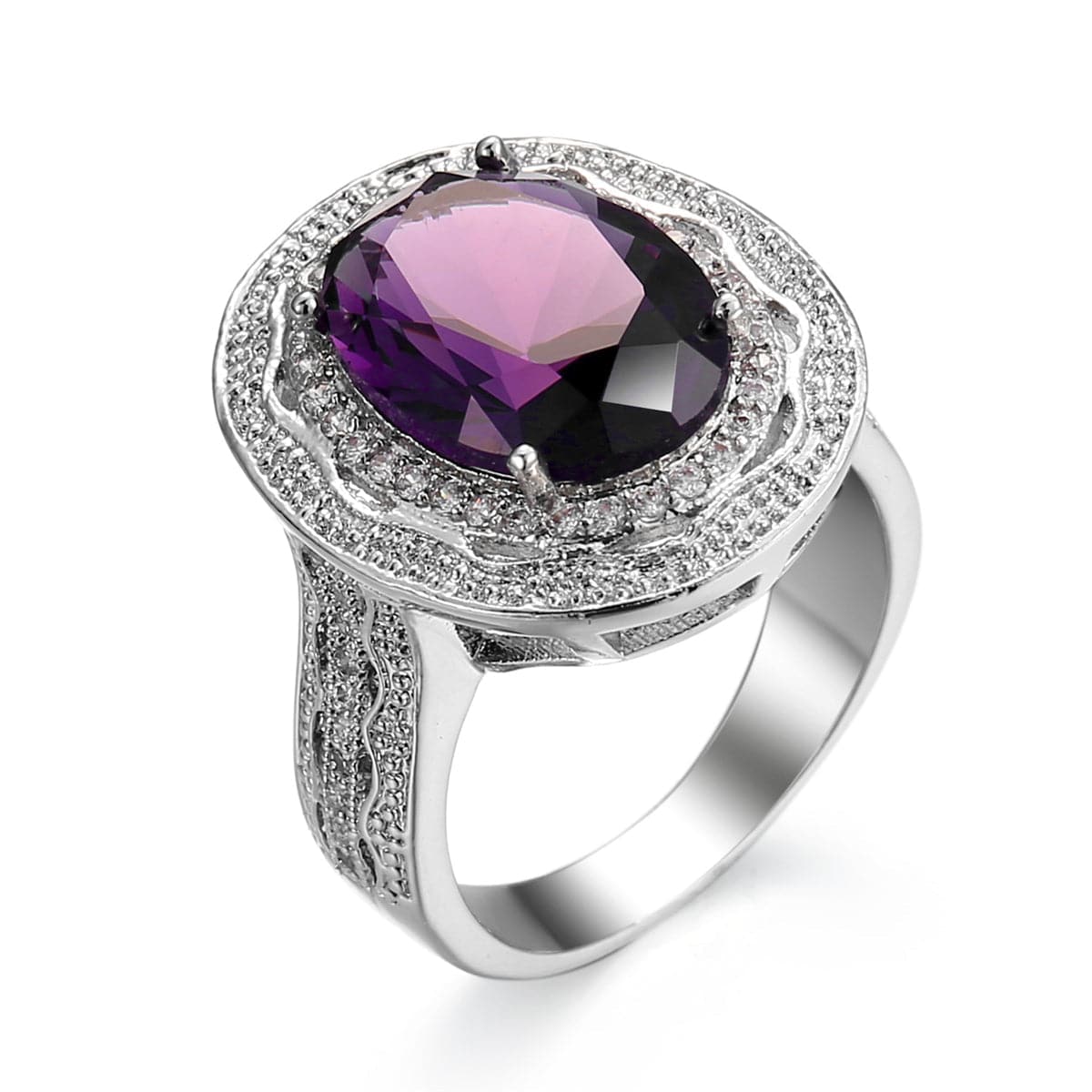 Purple Crystal and Cubic Zirconia Oval Halo Ring, statement rings for women, elegant gift for her, side view