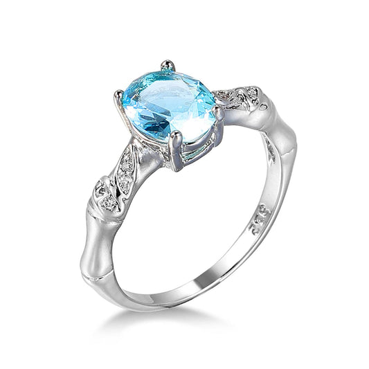 Sea Blue Crystal and Cubic Zirconia Bamboo Ring, jewelry gift sets for women, everyday style, front view