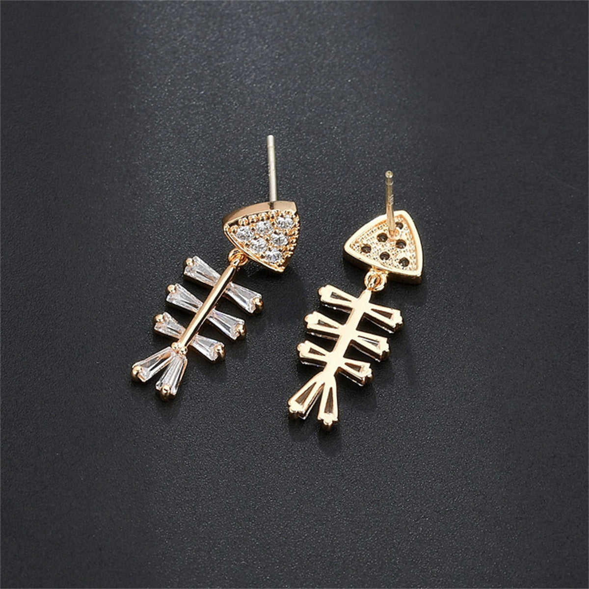 Cubic Zirconia and Crystal 18K Gold-Plated Fish Bone Drop Earrings, gold drop earrings for women, front view