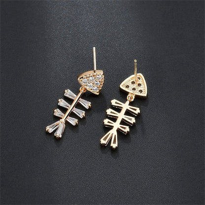 Cubic Zirconia and Crystal 18K Gold-Plated Fish Bone Drop Earrings, gold drop earrings for women, front view