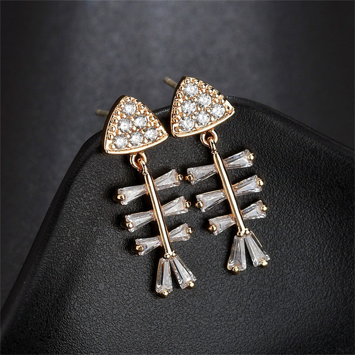 Cubic Zirconia and Crystal 18K Gold-Plated Fish Bone Drop Earrings, gold drop earrings for women, side view