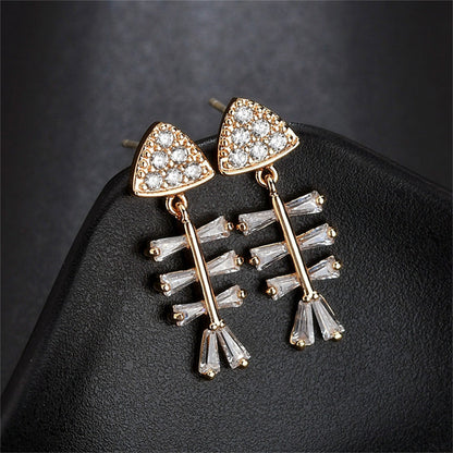 Cubic Zirconia and Crystal 18K Gold-Plated Fish Bone Drop Earrings, gold drop earrings for women, side view