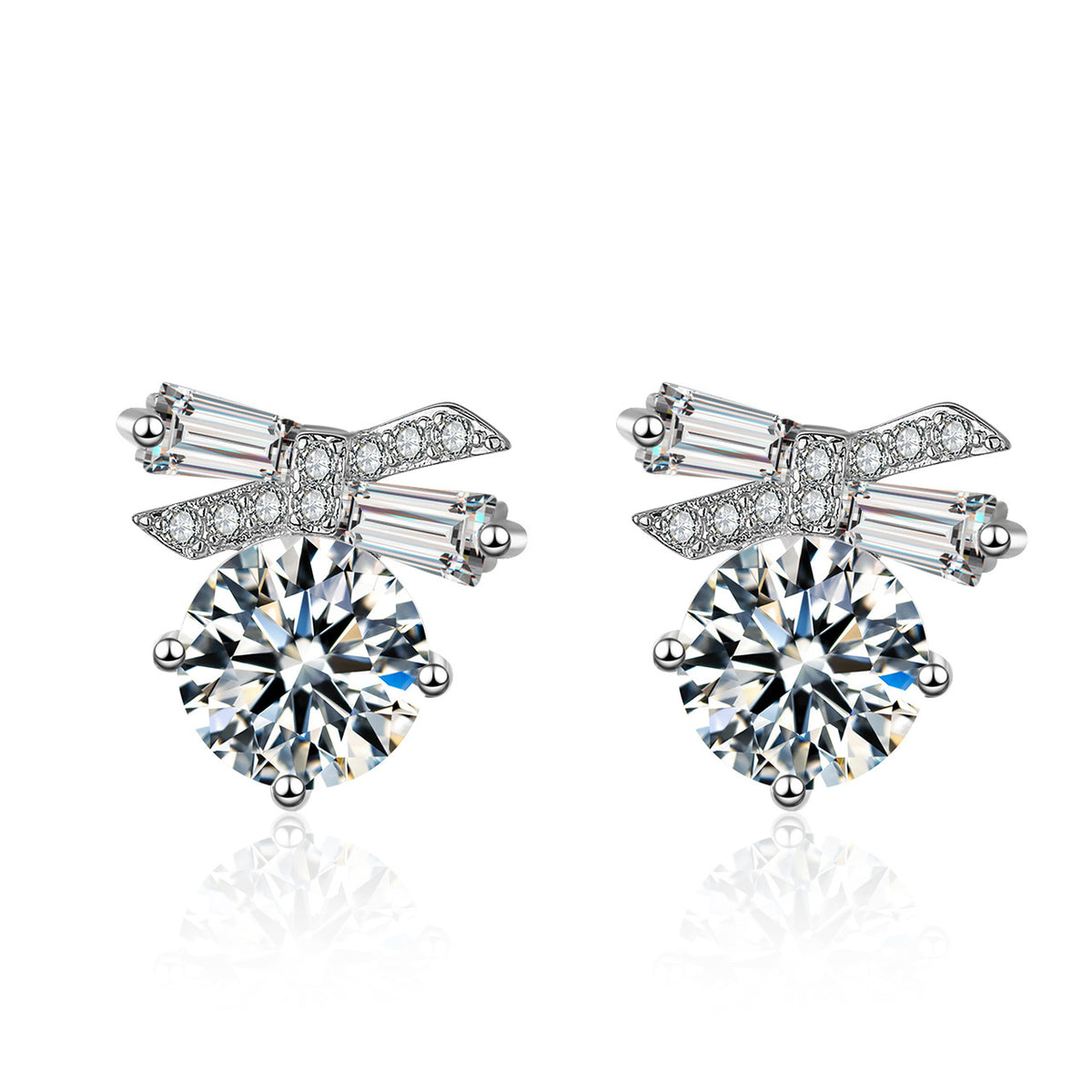 Crystal and Cubic Zirconia Silver-Plated Bow Earrings, silver stud earrings for women, dainty minimalist design, side view