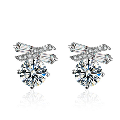 Crystal and Cubic Zirconia Silver-Plated Bow Earrings, silver stud earrings for women, dainty minimalist design, side view