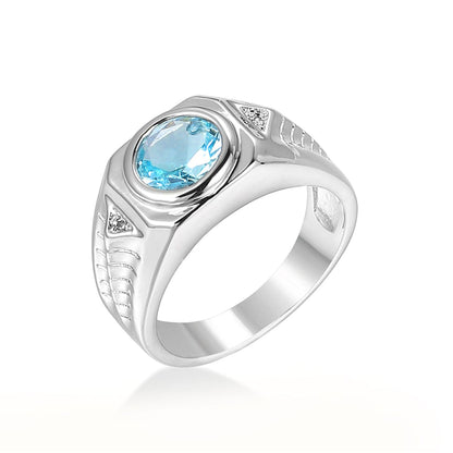Sea Blue Crystal and Silver-Plated Band Ring, silver statement rings for women, botanical inspired, front view