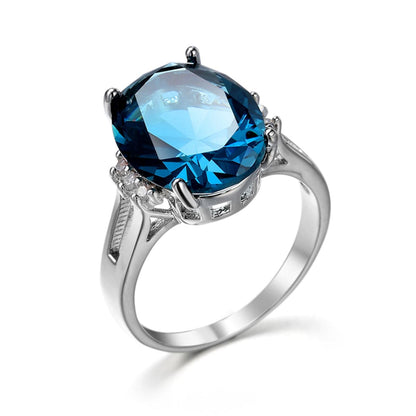 Navy Crystal and Silver-Plated Oval-Cut Cocktail Ring, silver statement rings for women, botanical inspired, front view
