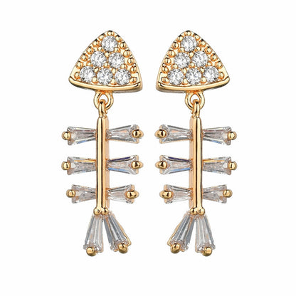 Cubic Zirconia and Crystal 18K Gold-Plated Fish Bone Drop Earrings, gold drop earrings for women, detail close-up