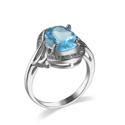 Sea Blue Crystal and Cubic Zirconia Wave Ring, statement rings for women, elegant gift for her, front view