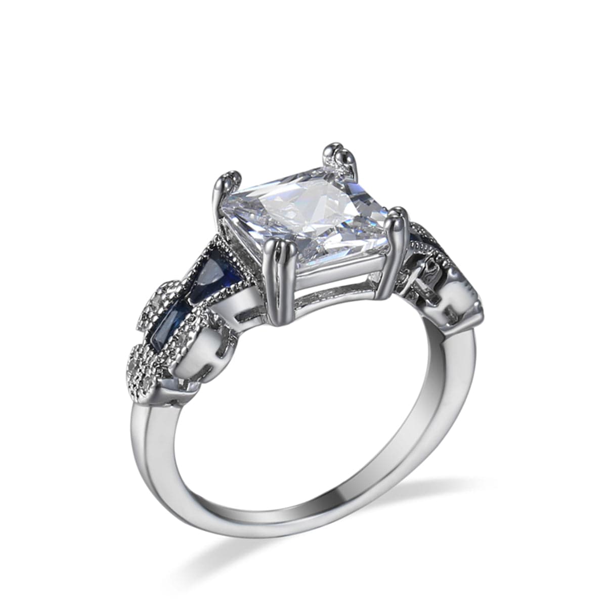 Crystal and Silver-Plated Princess-Cut Prong-Set Ring, silver statement rings for women, vintage-inspired design, front view