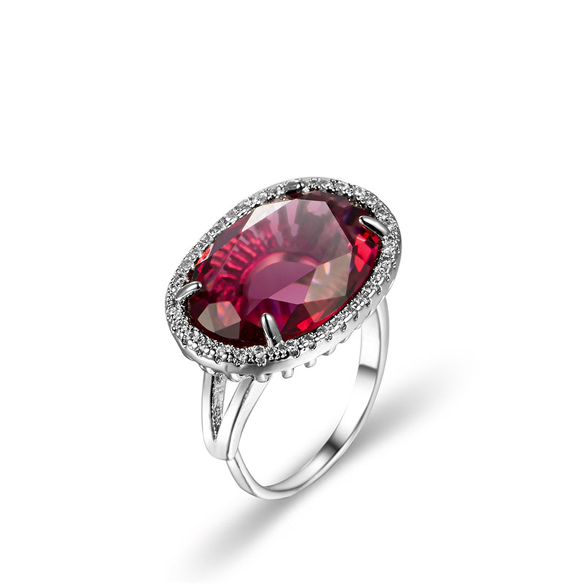 Rose Crystal and Cubic Zirconia Oval Halo Adjustable Ring, statement rings for women, detail close-up