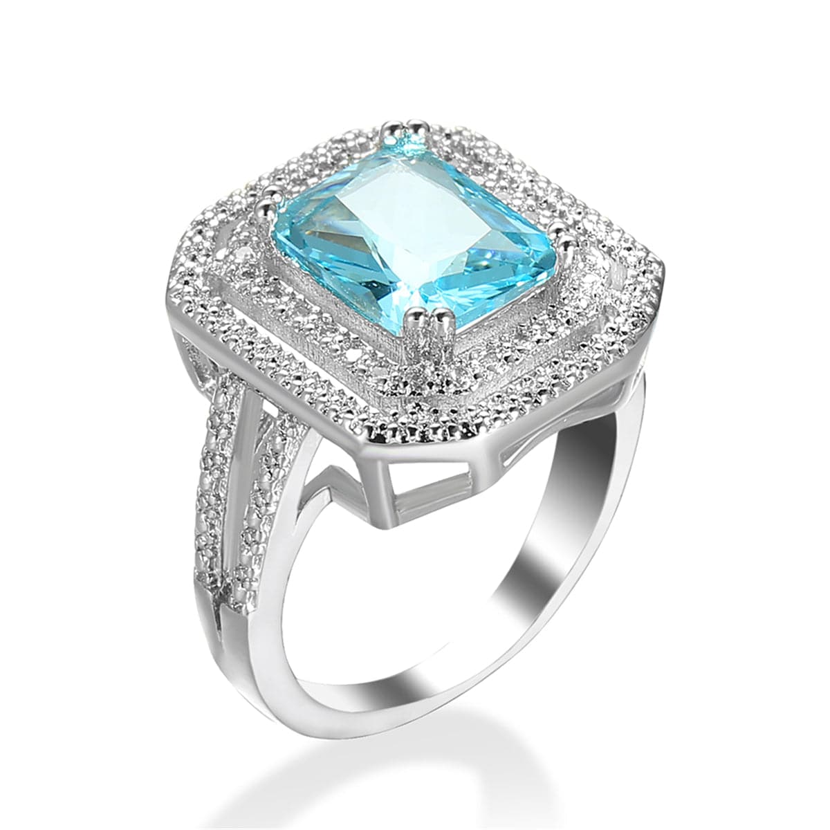 Sea Blue Crystal and Cubic Zirconia Cushion-Cut Pavé Ring, statement rings for women, botanical inspired, front view