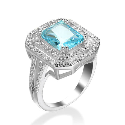 Sea Blue Crystal and Cubic Zirconia Cushion-Cut Pavé Ring, statement rings for women, botanical inspired, front view
