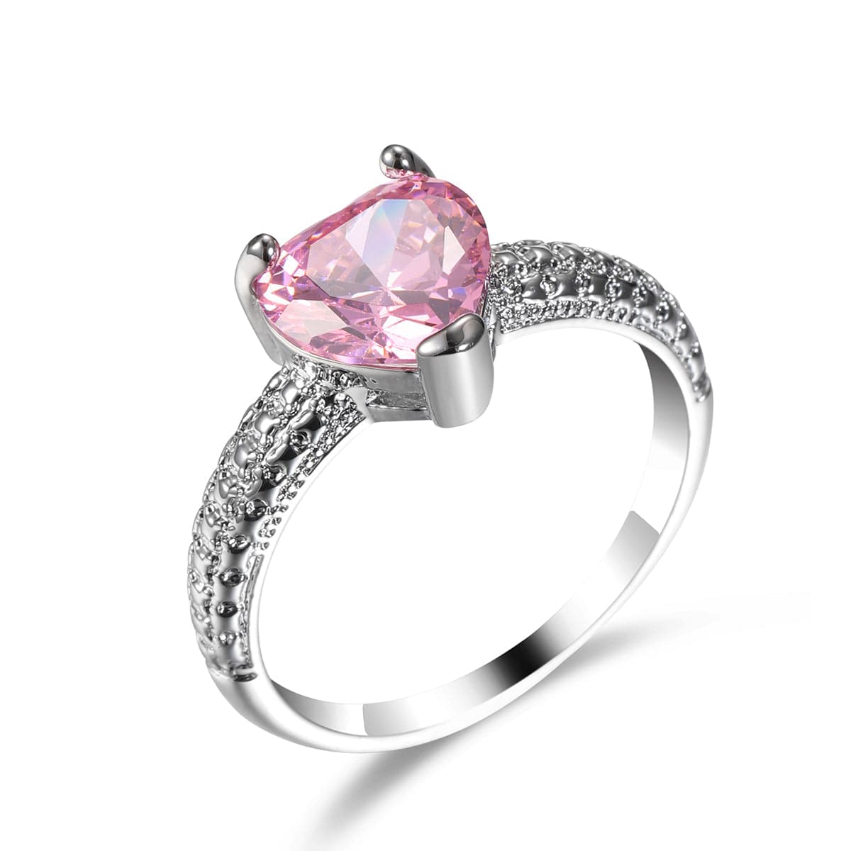 Pink Crystal and Silver-Plated Heart Ring, silver statement rings for women, vintage-inspired design, front view
