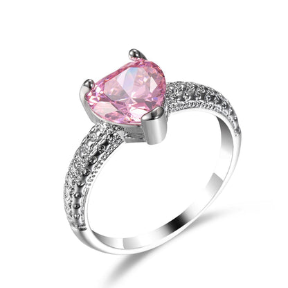 Pink Crystal and Silver-Plated Heart Ring, silver statement rings for women, vintage-inspired design, front view