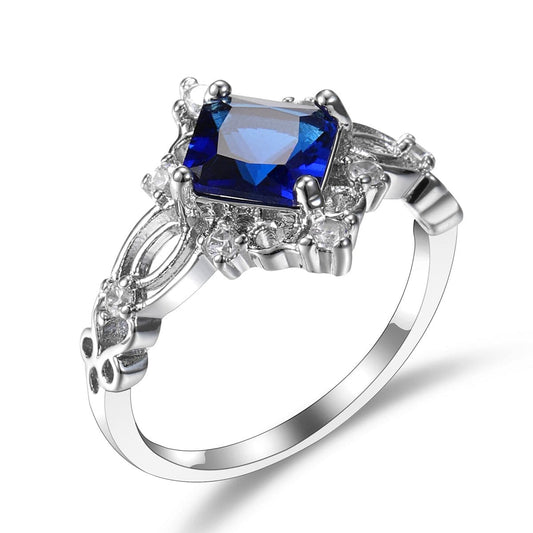 Navy Crystal and Cubic Zirconia Princess-Cut Openwork-Halo Ring, jewelry gift sets for women, botanical inspired, front view